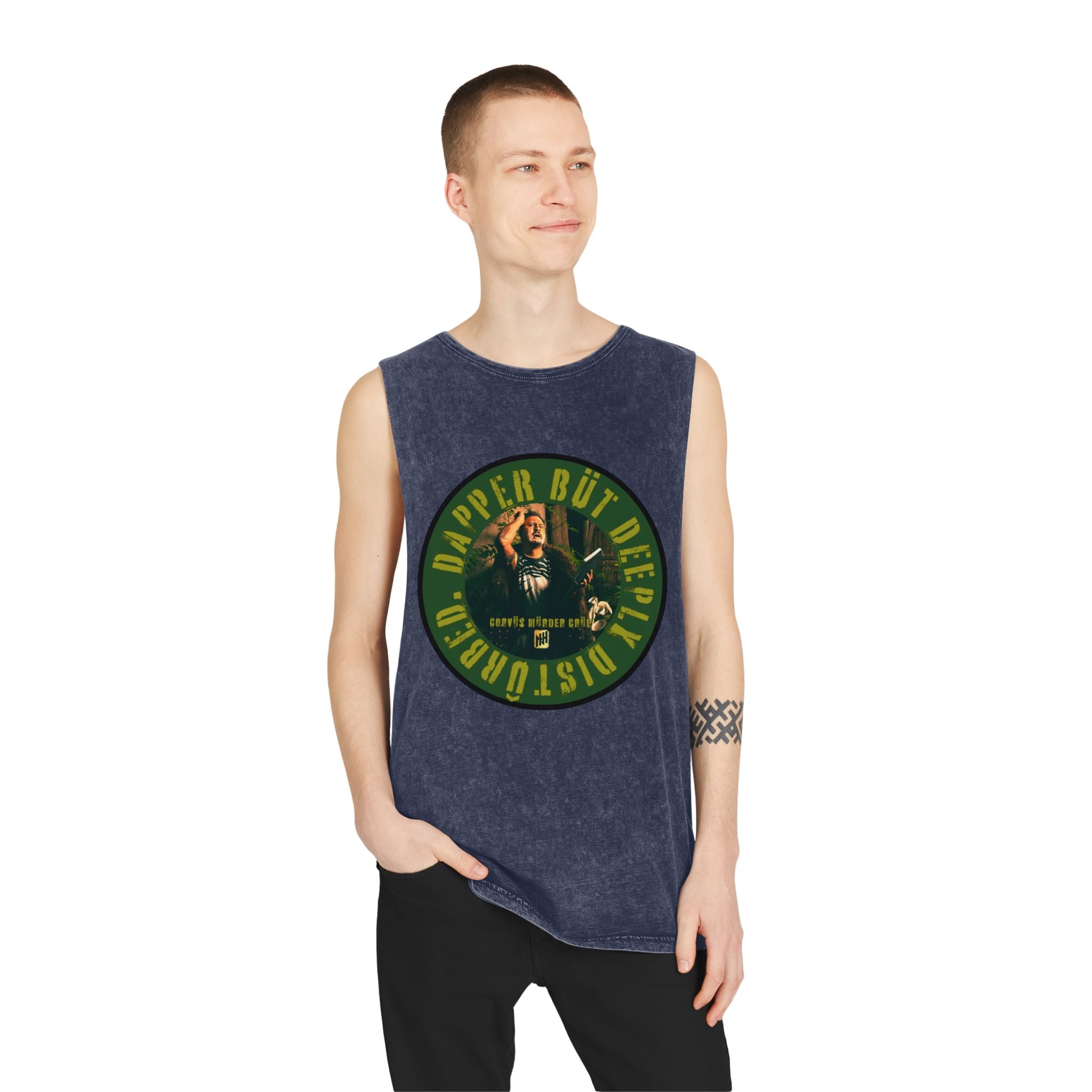 Dapper but Deeply Disturbed by Nicholas Harvey- Co-Stonewash Graphic Tank Top, Relaxed Summer Casual, Perfect for Music Festivals, Graphic Apparel for Men and Women, Streetwear