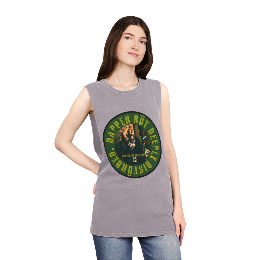 Dapper but Deeply Disturbed by Nicholas Harvey- Co-Stonewash Graphic Tank Top, Relaxed Summer Casual, Perfect for Music Festivals, Graphic Apparel for Men and Women, Streetwear