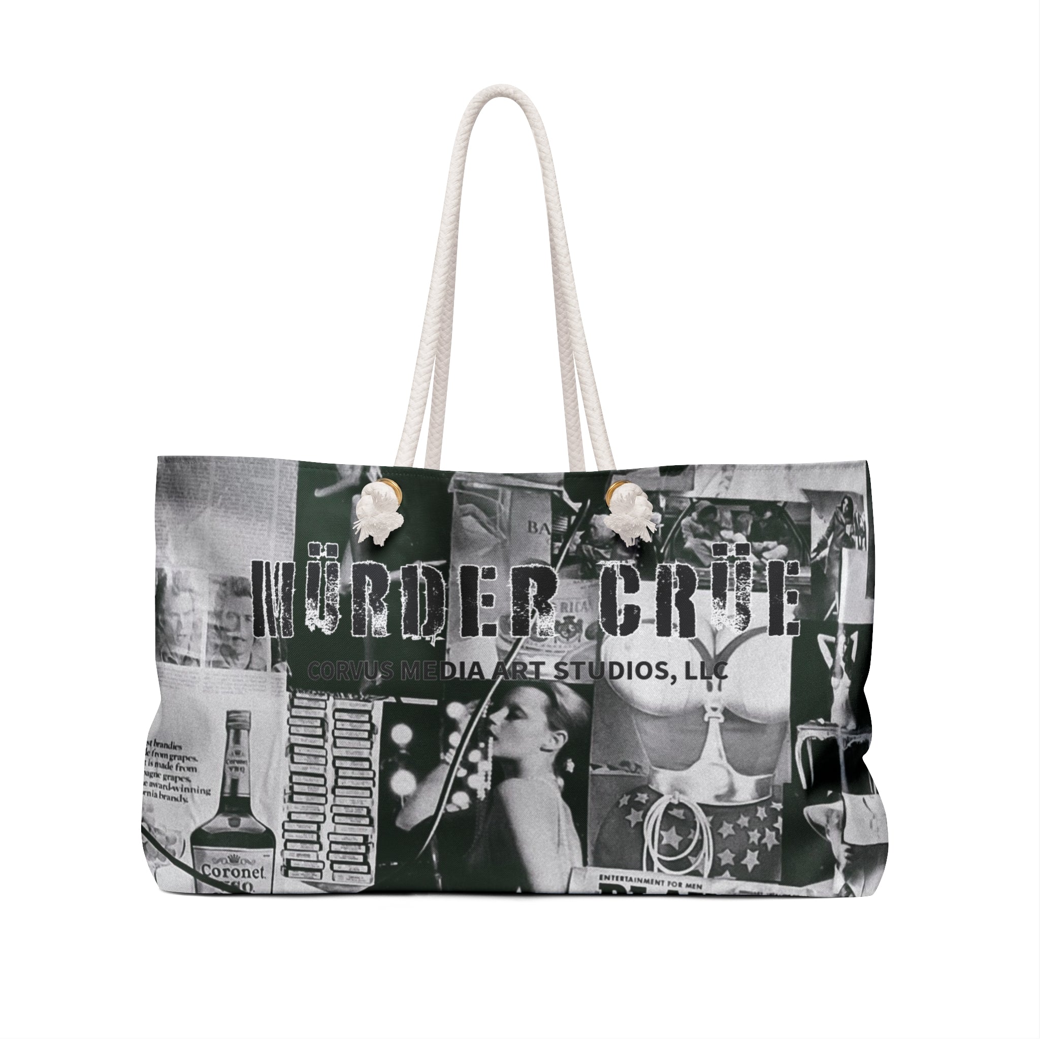 Weekender Crime  Bag — Black & White Collage Travel Tote ("Murder Crime" Graphic)
