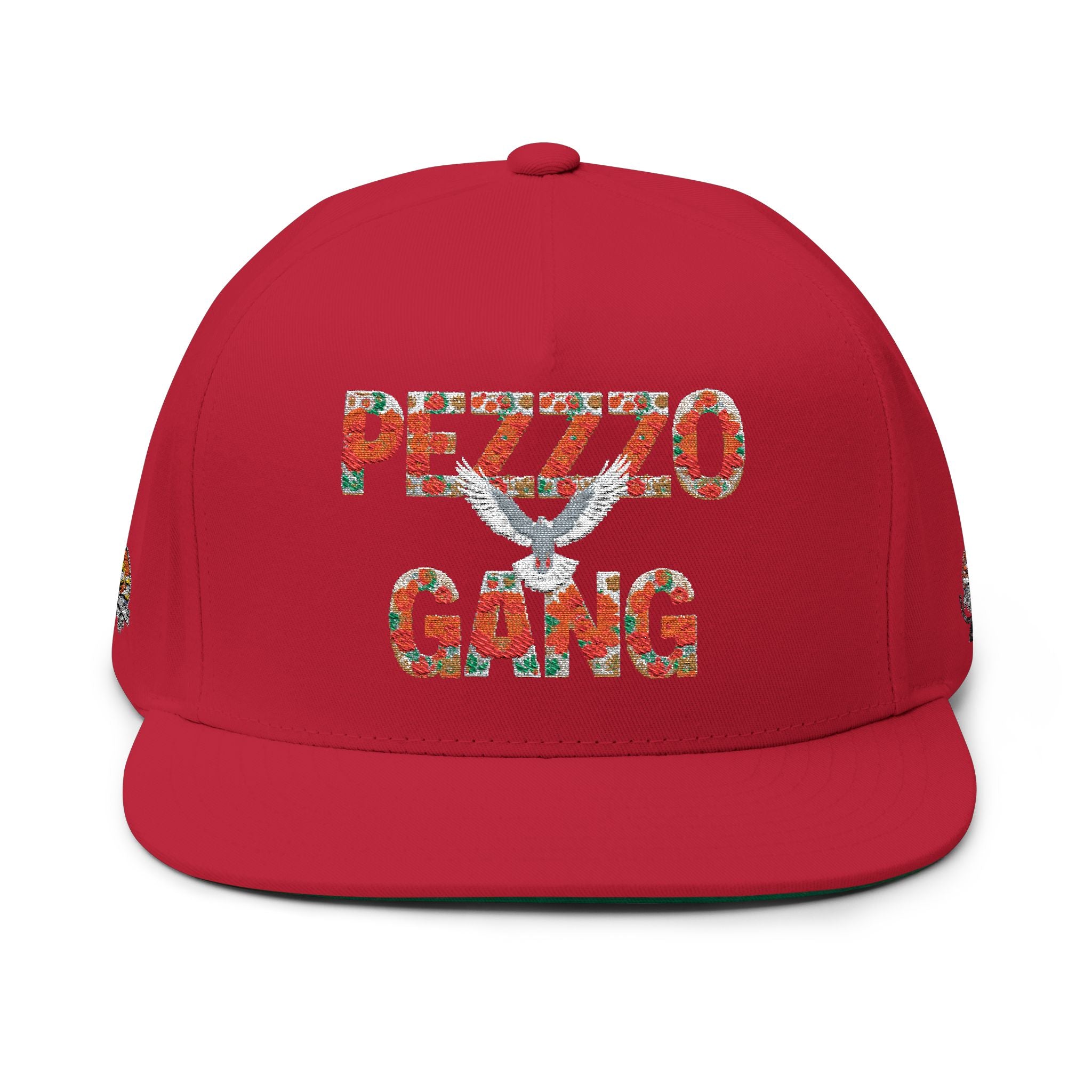 PEZZZO Gang Embroidered Flat Bill Cap — Floral Logo Snapback Hat