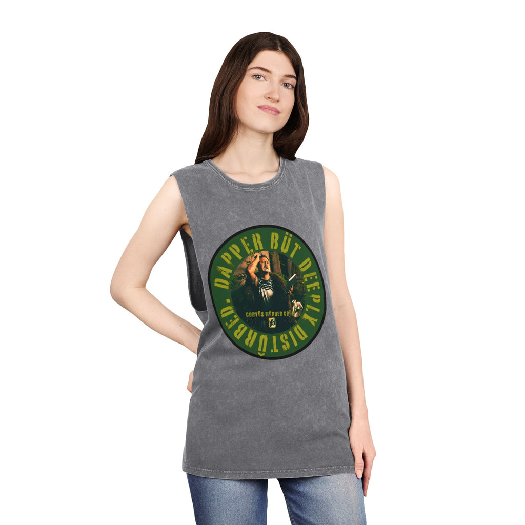 Dapper but Deeply Disturbed by Nicholas Harvey- Co-Stonewash Graphic Tank Top, Relaxed Summer Casual, Perfect for Music Festivals, Graphic Apparel for Men and Women, Streetwear