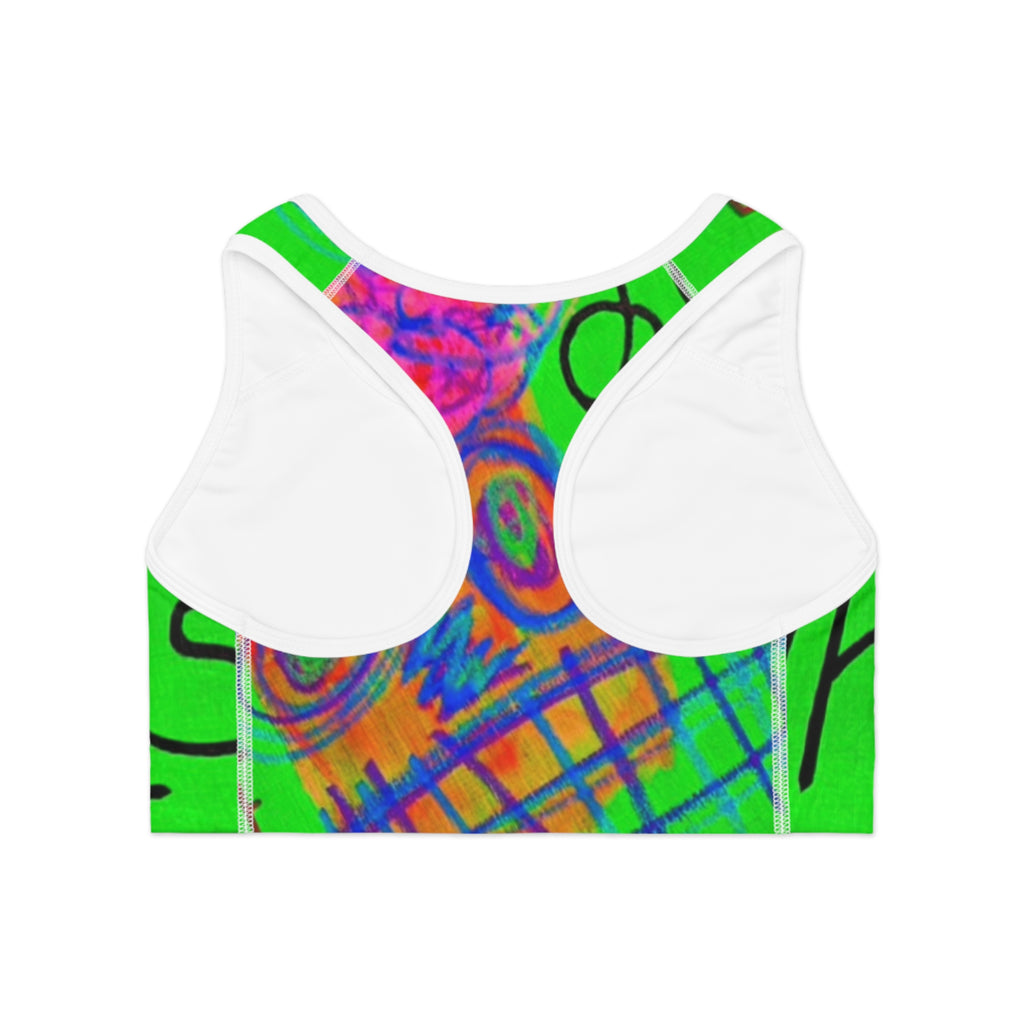 Neon Abstract Face Sports Bra — Vibrant All-Over-Print Activewear
