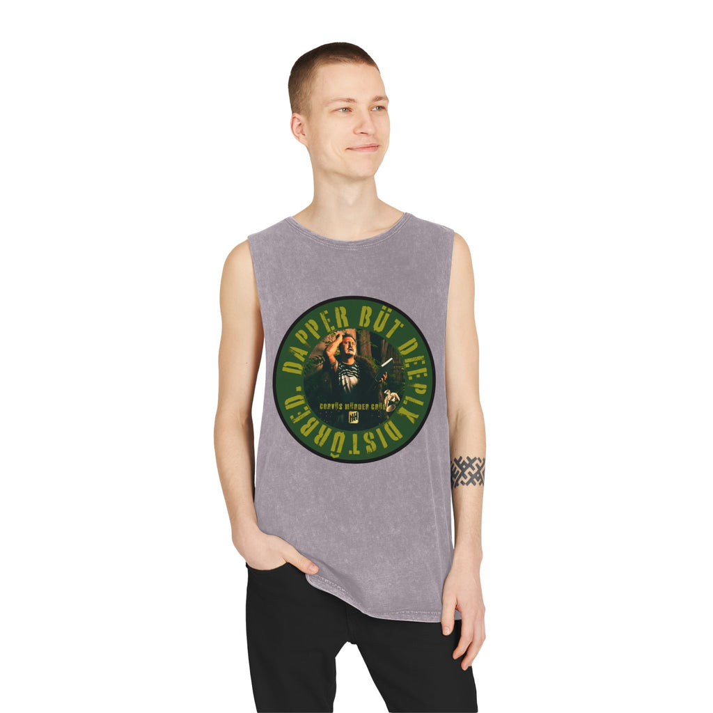 Dapper but Deeply Disturbed by Nicholas Harvey- Co-Stonewash Graphic Tank Top, Relaxed Summer Casual, Perfect for Music Festivals, Graphic Apparel for Men and Women, Streetwear