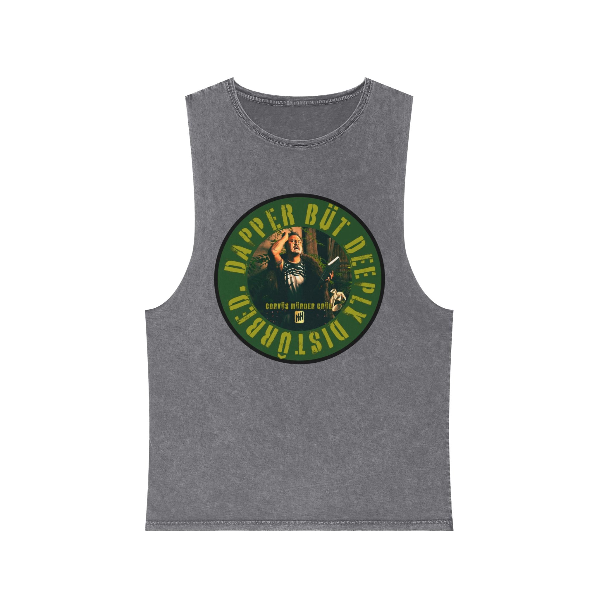 Dapper but Deeply Disturbed by Nicholas Harvey- Co-Stonewash Graphic Tank Top, Relaxed Summer Casual, Perfect for Music Festivals, Graphic Apparel for Men and Women, Streetwear