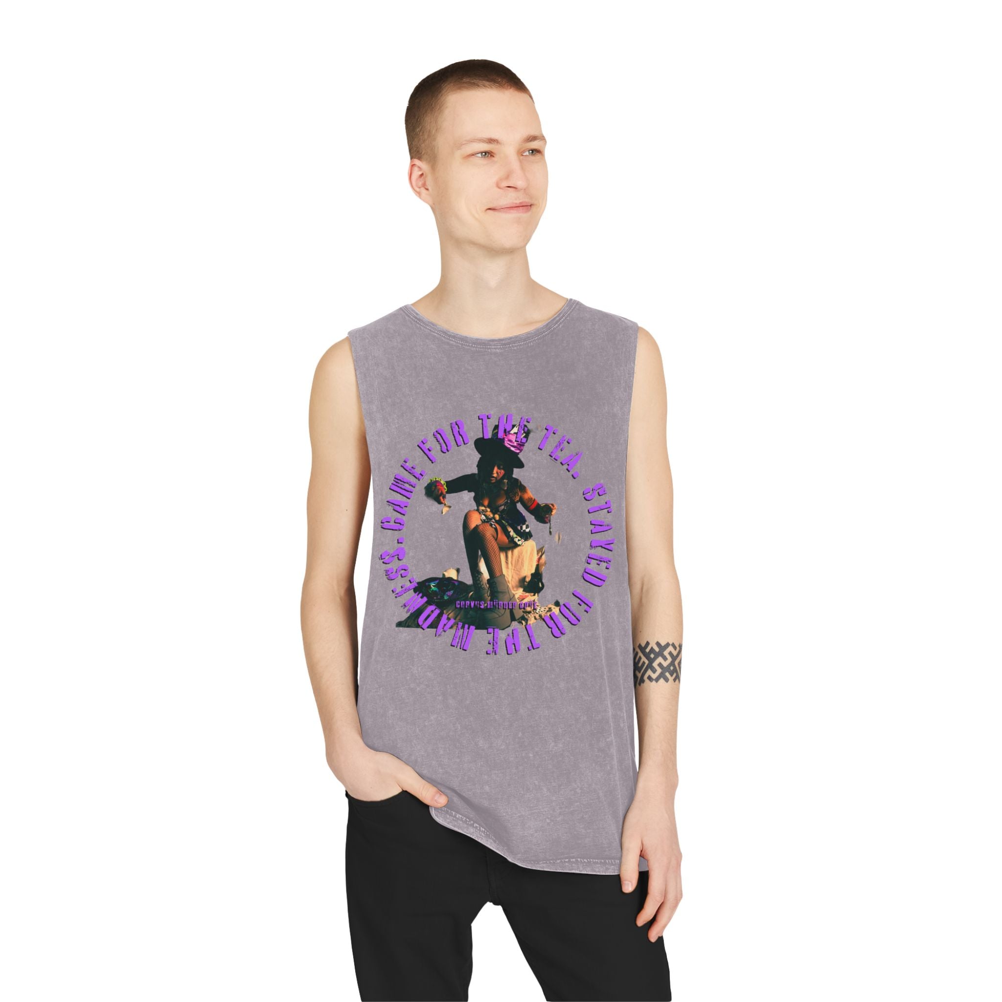 Came For The Tea by Nicholas Harvey-Stonewash Graphic Tank Top, Relaxed Summer Casual, Perfect for Music Festivals, Graphic Apparel for Men and Women, Streetwear
