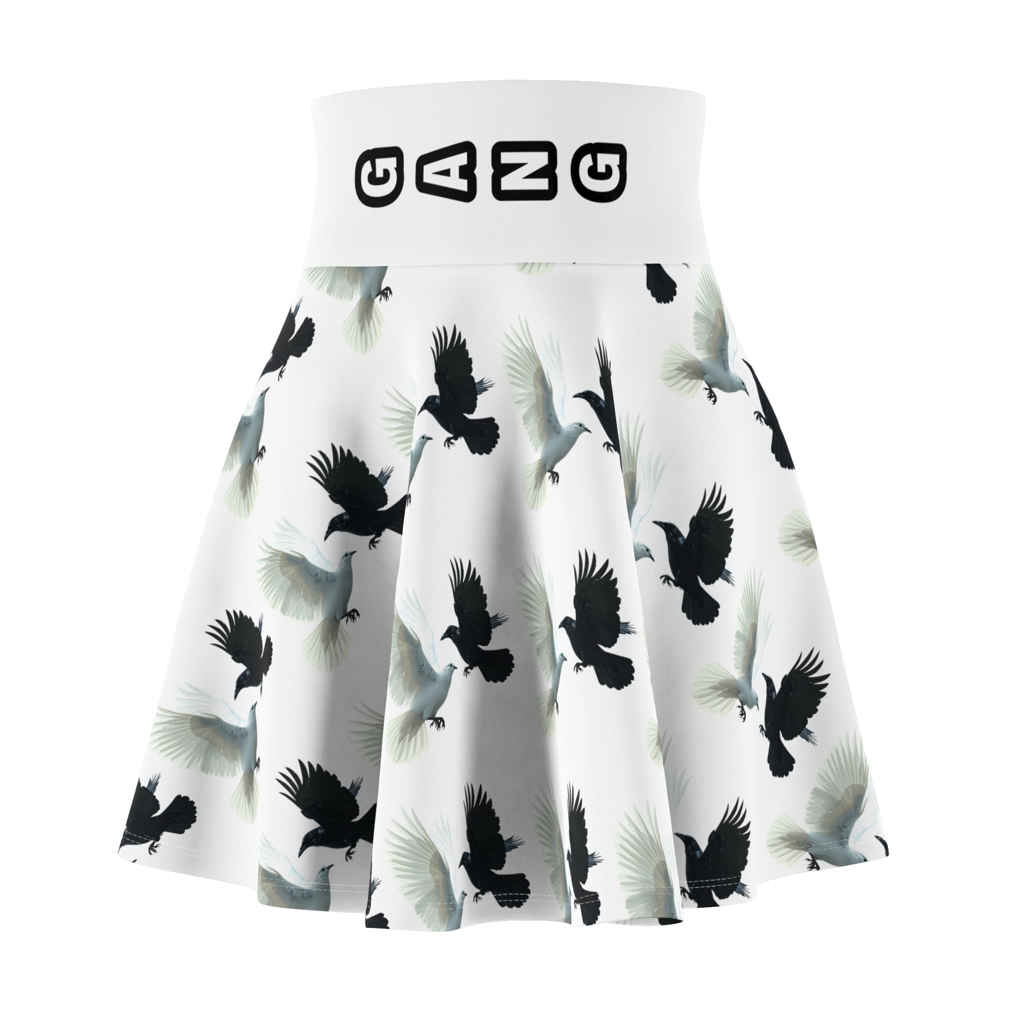 Birds in Flight Skater Skirt PEZZZOGANG — White Dove & Crow All-Over Print