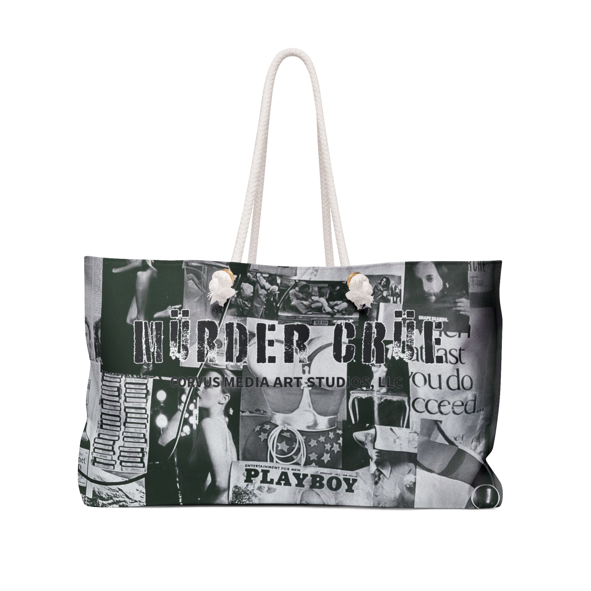 Weekender Crime  Bag — Black & White Collage Travel Tote ("Murder Crime" Graphic)