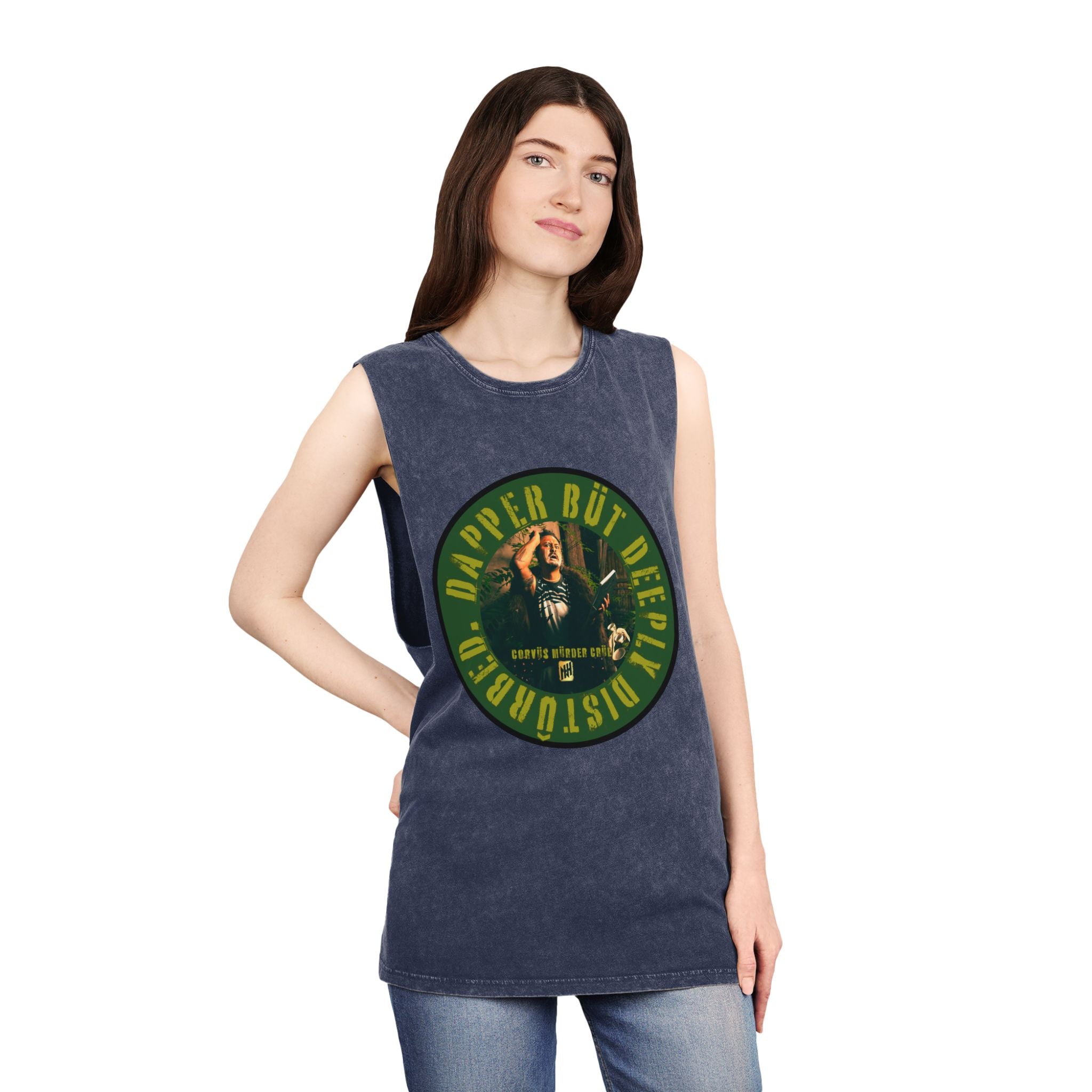 Dapper but Deeply Disturbed by Nicholas Harvey- Co-Stonewash Graphic Tank Top, Relaxed Summer Casual, Perfect for Music Festivals, Graphic Apparel for Men and Women, Streetwear