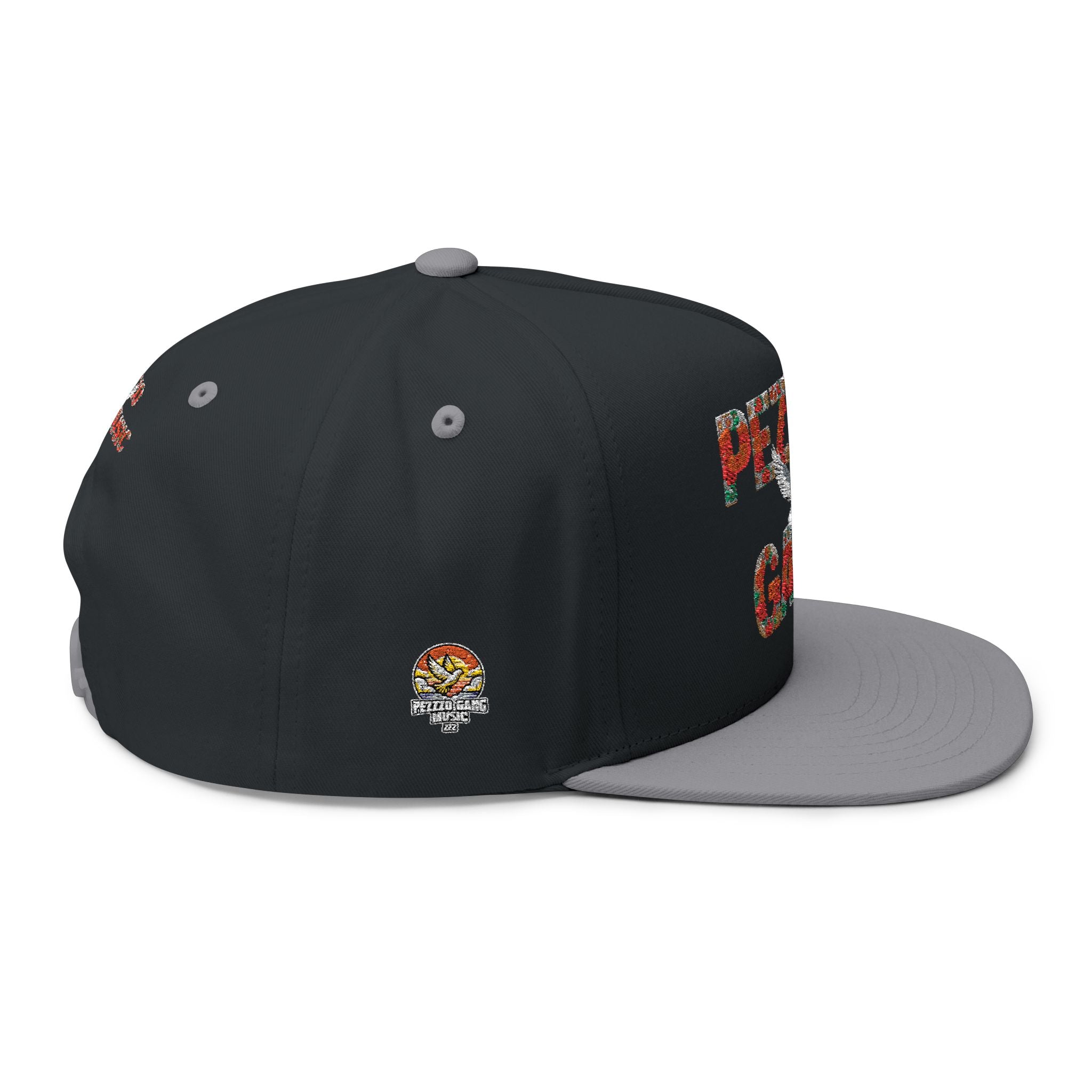 PEZZZO Gang Embroidered Flat Bill Cap — Floral Logo Snapback Hat