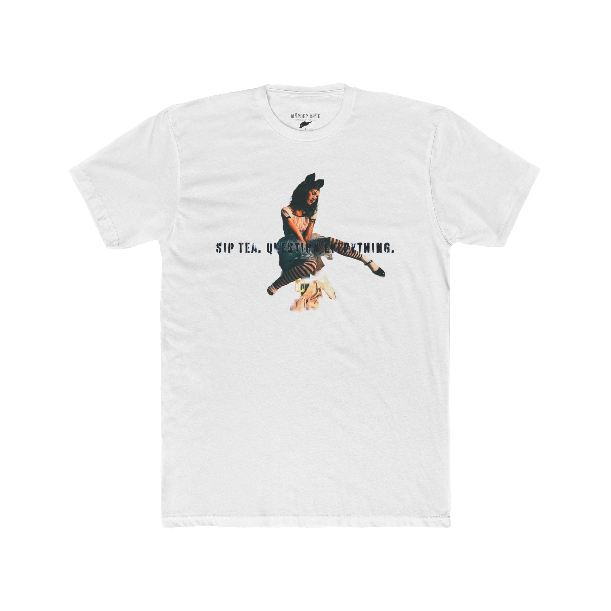 Sip Tea. Question Everything- Dallas Schmitt by Nicholas Harvey- Unisex Cotton Crew Tee with Bold Graphic Statement, Casual Wear, Street Style, Unique Gift, Everyday Comfort