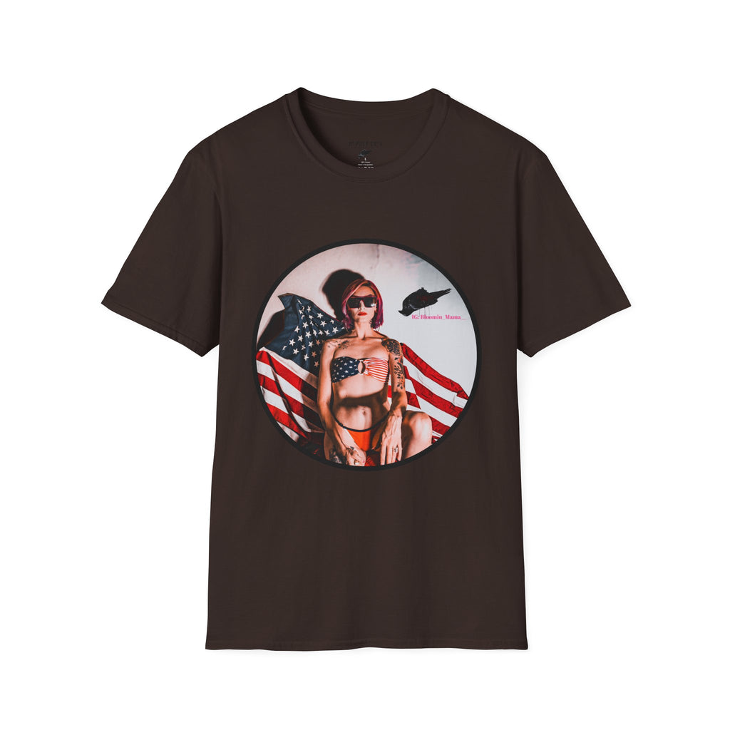 Patriotic Pin-Up T-Shirt — American Flag Bikini Girl Graphic Tee