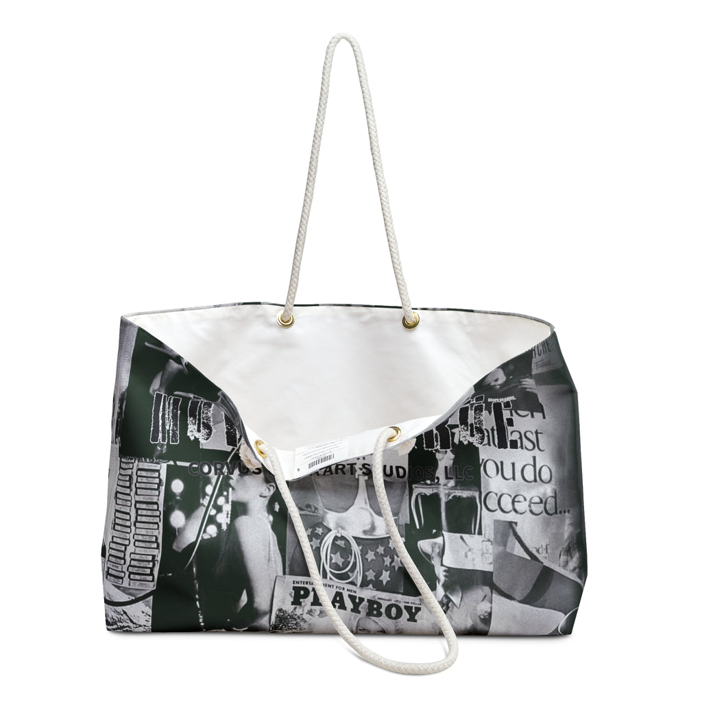 Weekender Crime  Bag — Black & White Collage Travel Tote ("Murder Crime" Graphic)