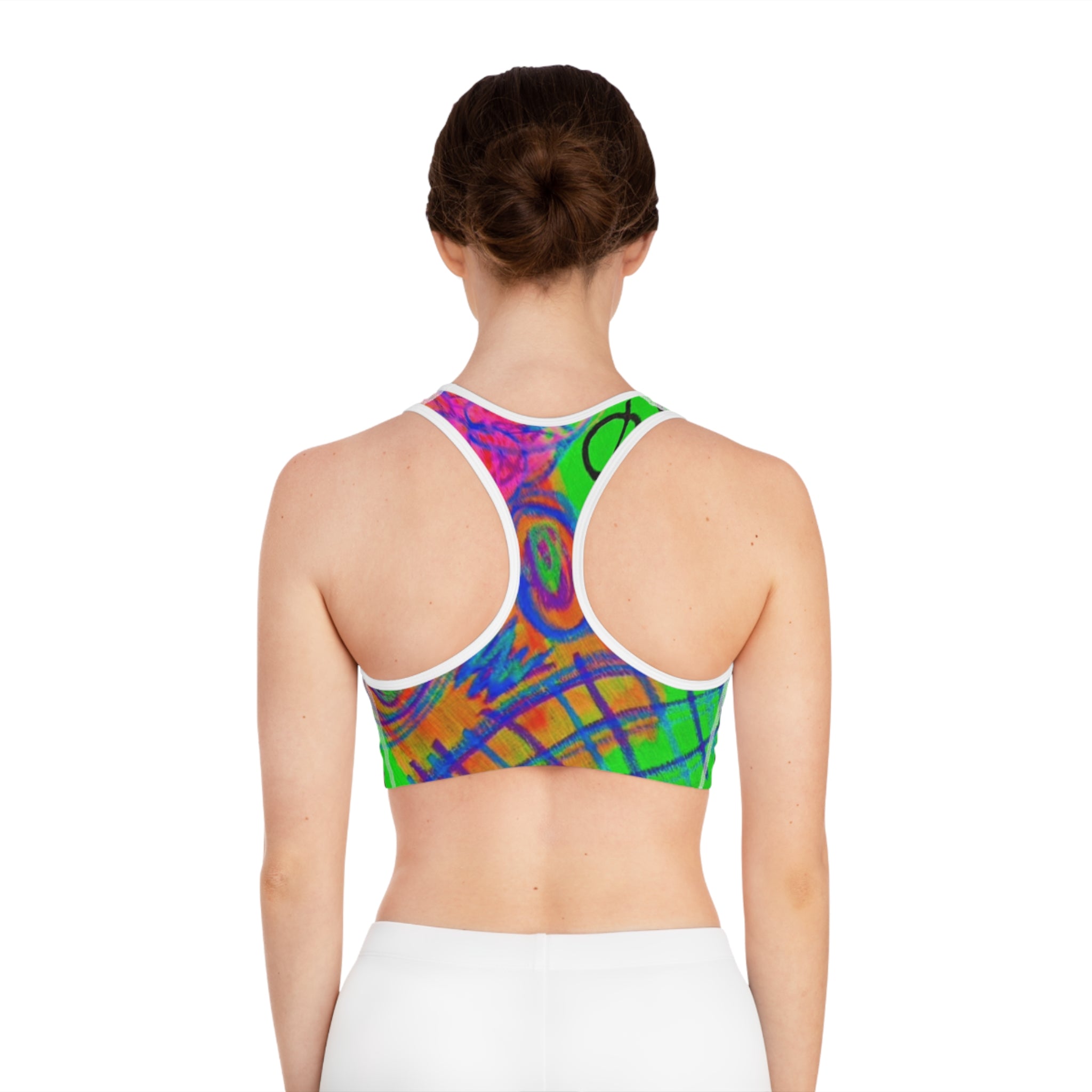 Neon Abstract Face Sports Bra — Vibrant All-Over-Print Activewear