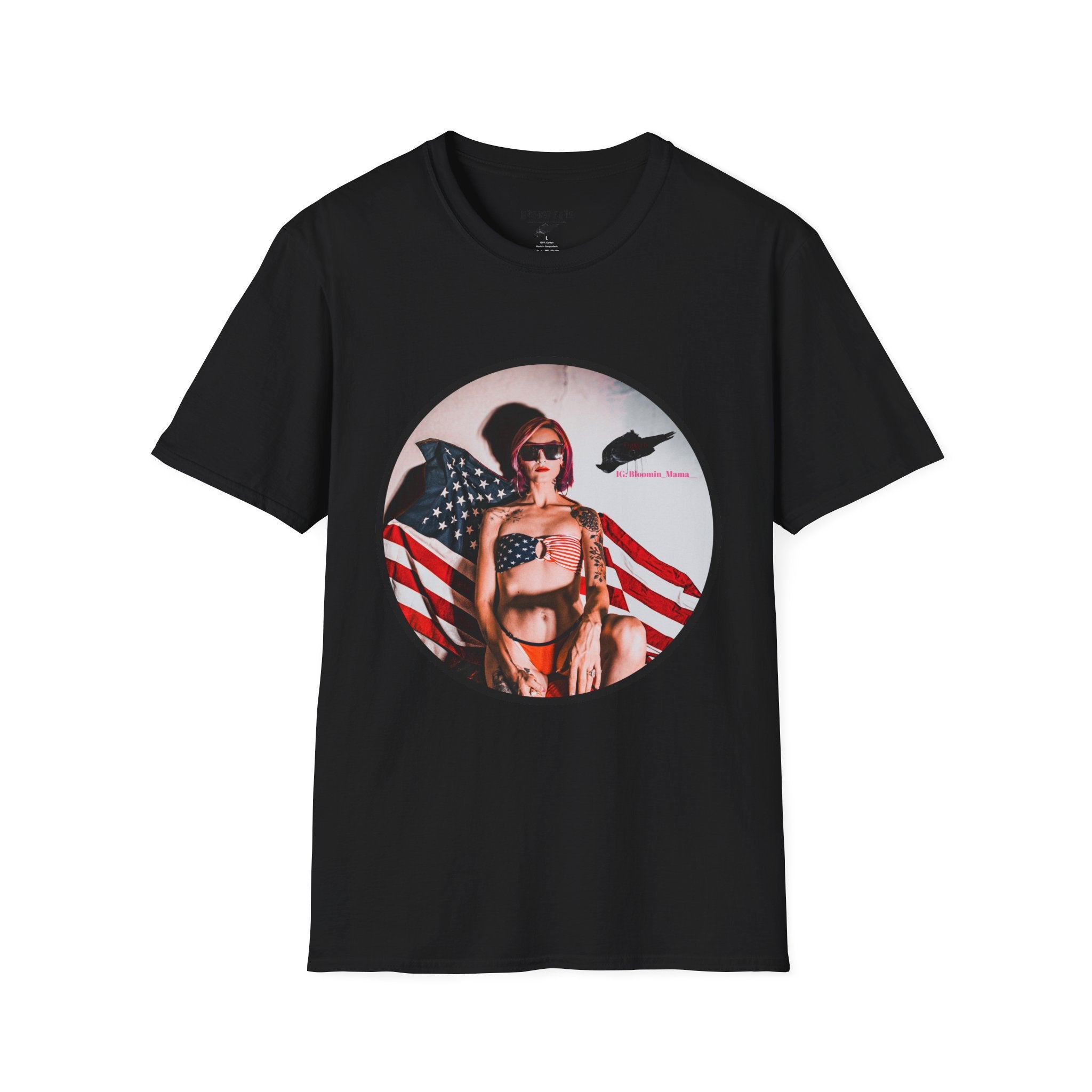 Patriotic Pin-Up T-Shirt — American Flag Bikini Girl Graphic Tee