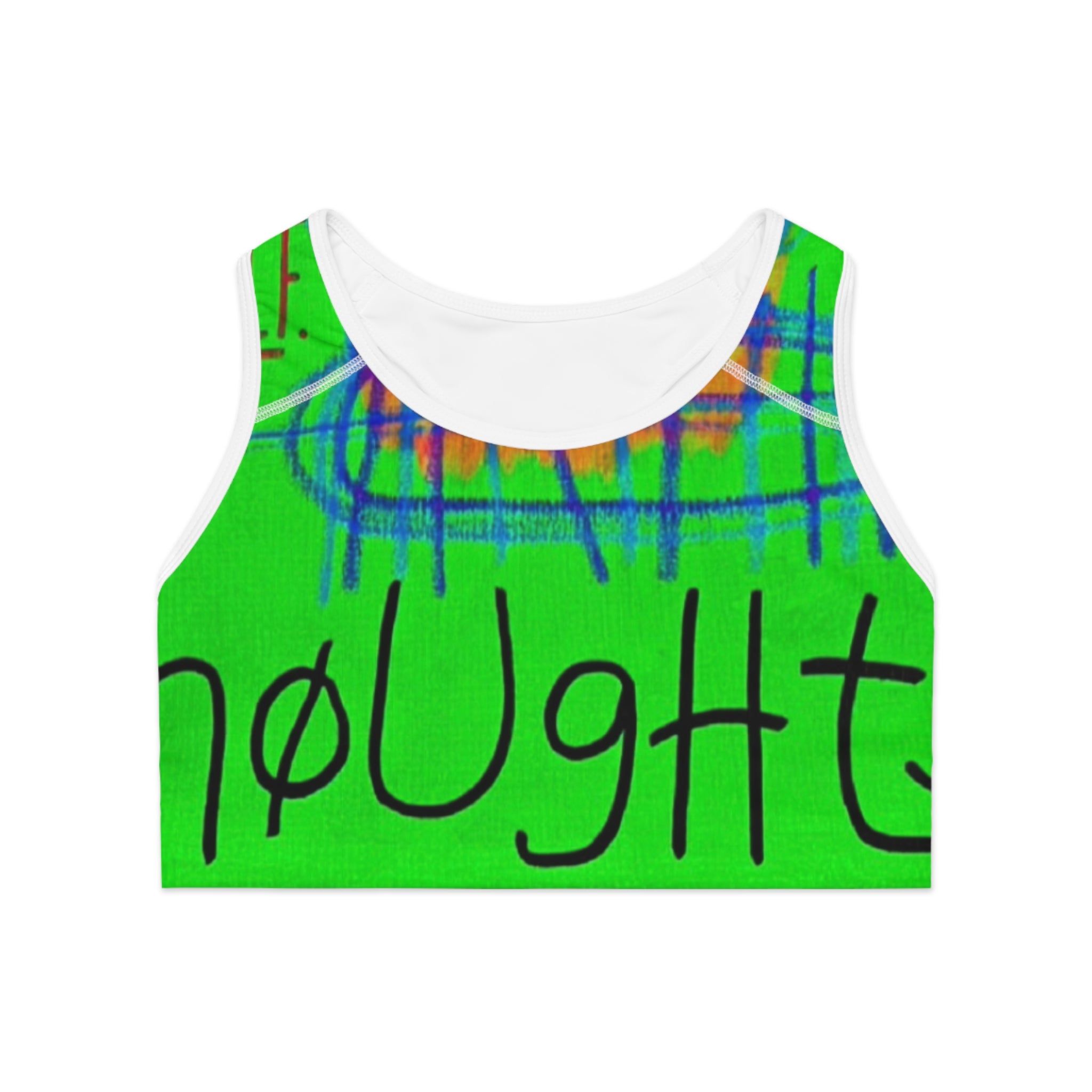 Neon Abstract Face Sports Bra — Vibrant All-Over-Print Activewear