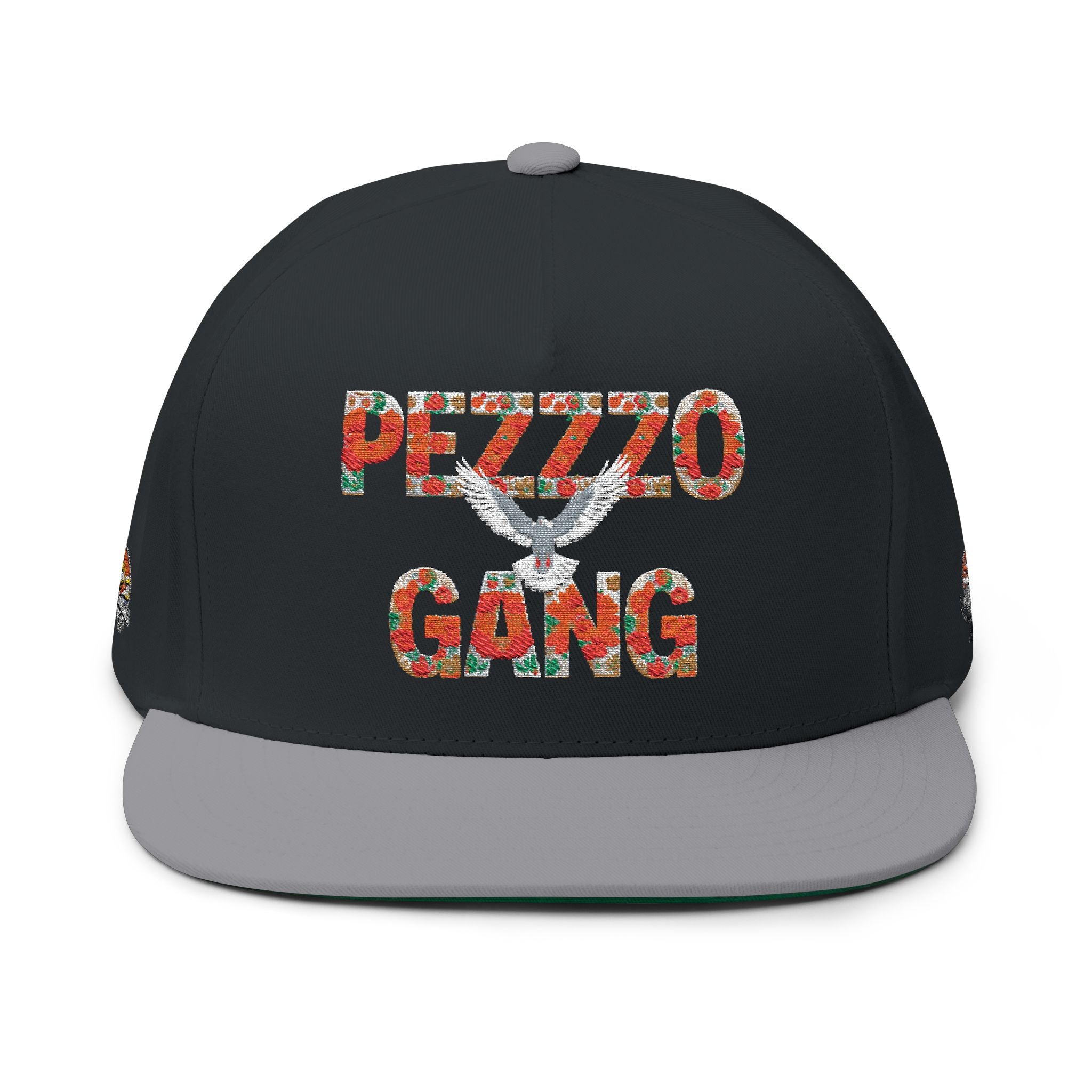 PEZZZO Gang Embroidered Flat Bill Cap — Floral Logo Snapback Hat