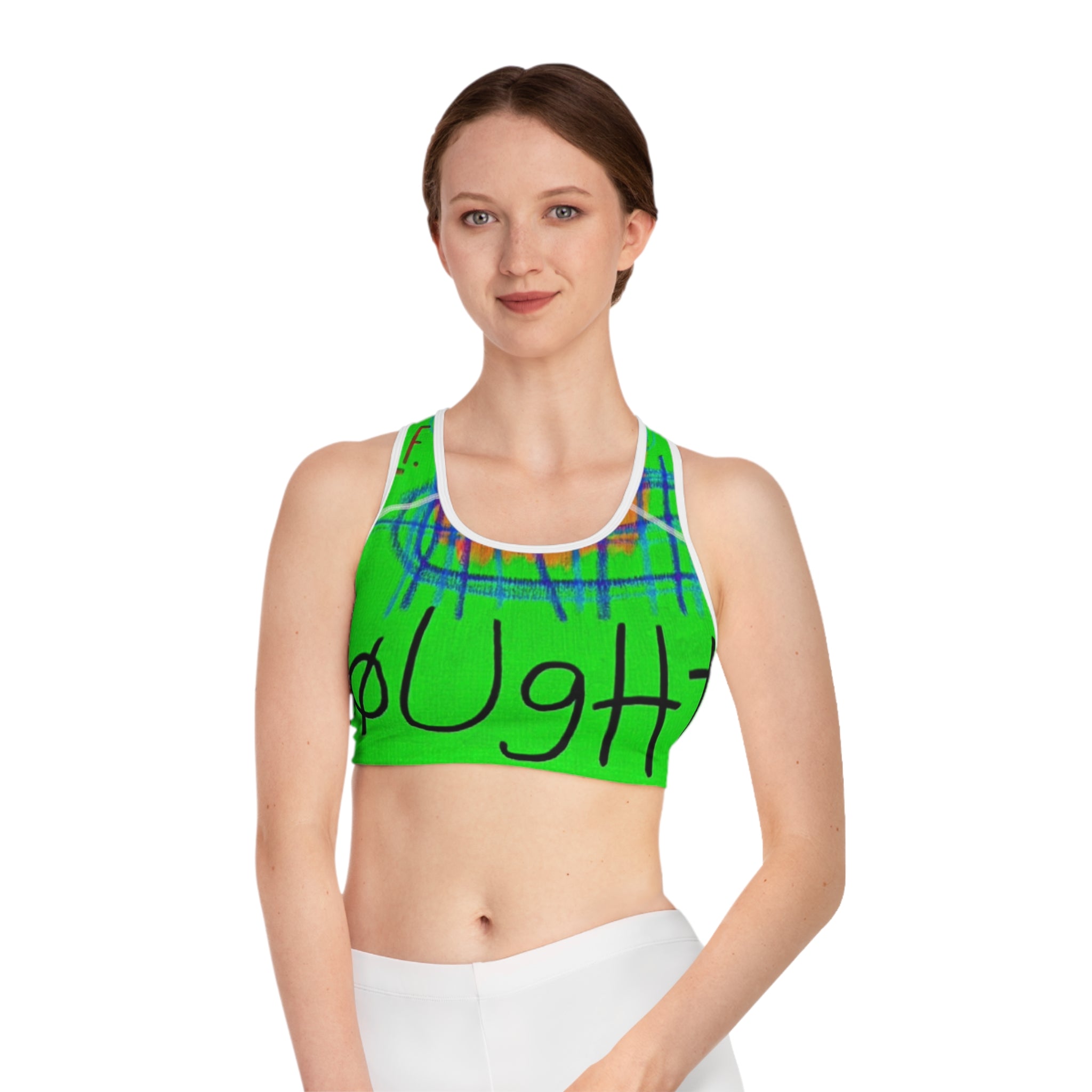 Neon Abstract Face Sports Bra — Vibrant All-Over-Print Activewear