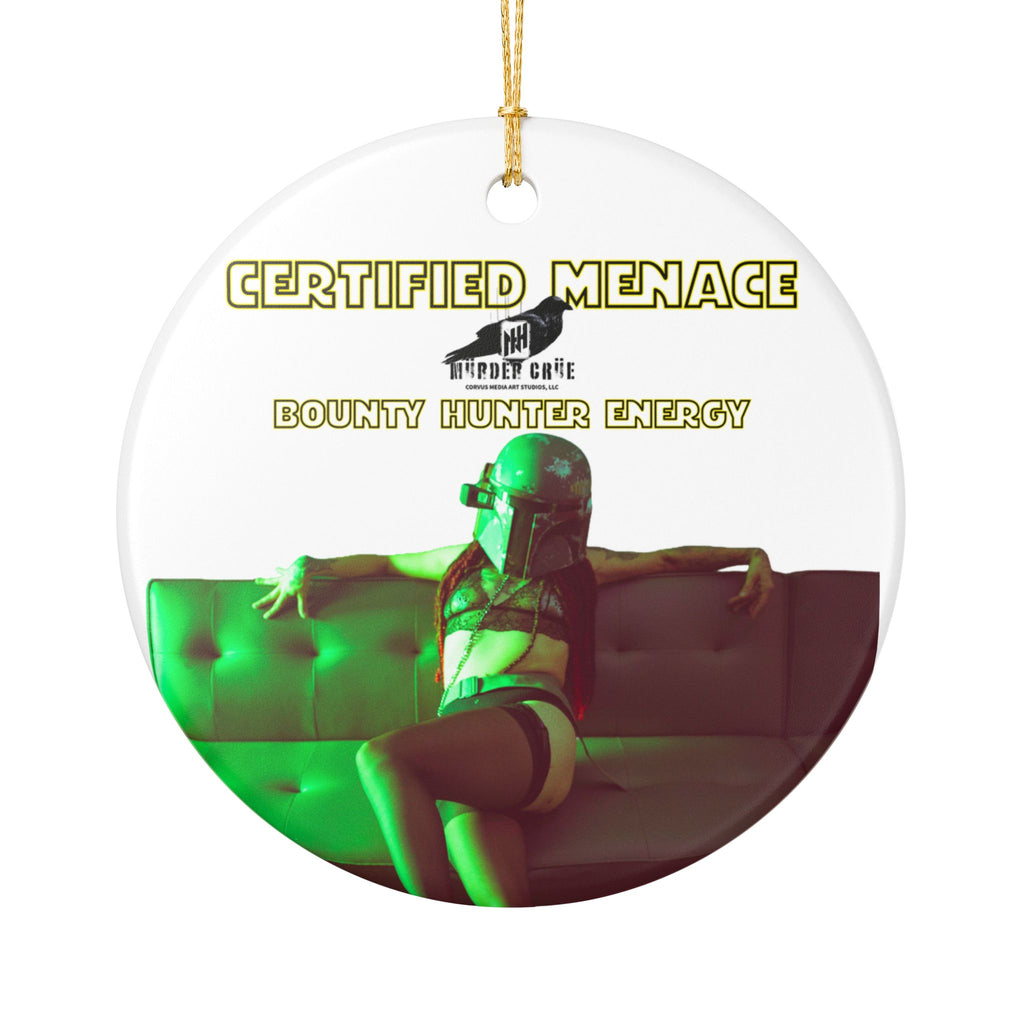 Ceramic Ornament — "Certified Menace: Bounty Hunter Energy" Retro Helmet Pin-Up