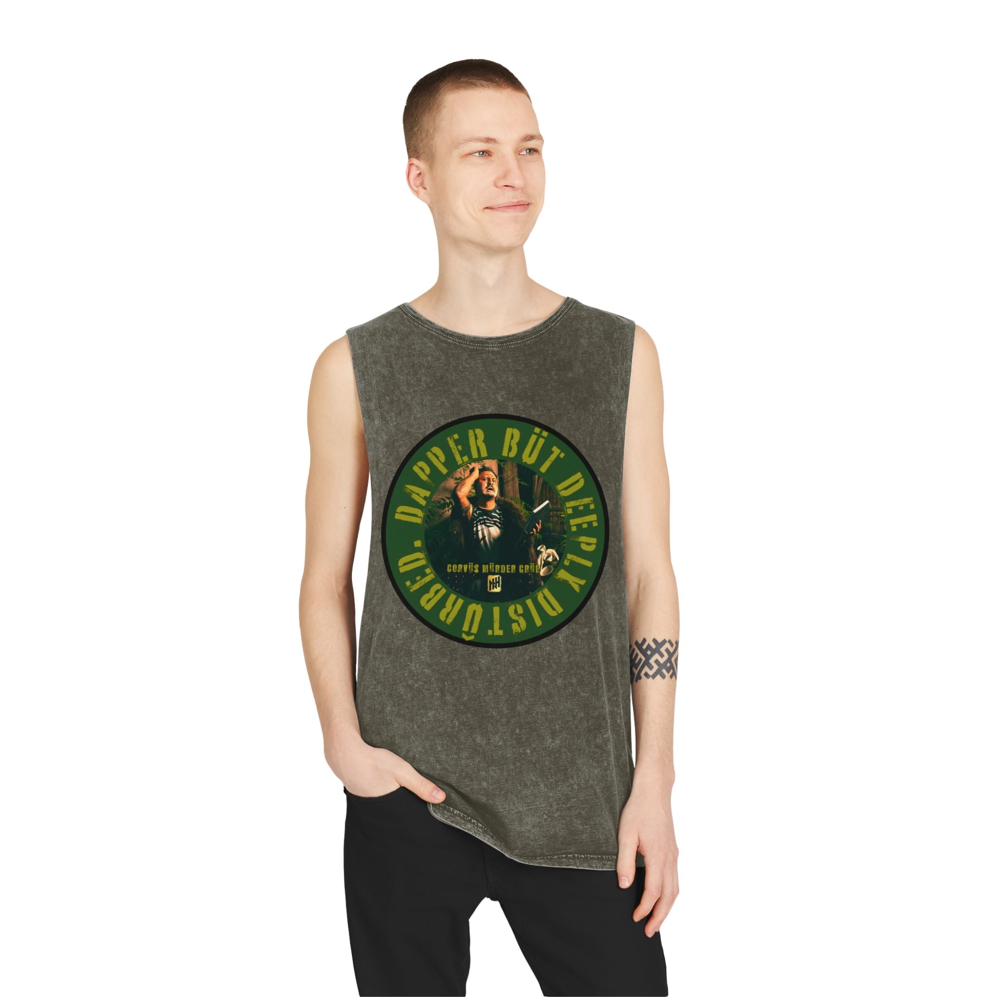Dapper but Deeply Disturbed by Nicholas Harvey- Co-Stonewash Graphic Tank Top, Relaxed Summer Casual, Perfect for Music Festivals, Graphic Apparel for Men and Women, Streetwear