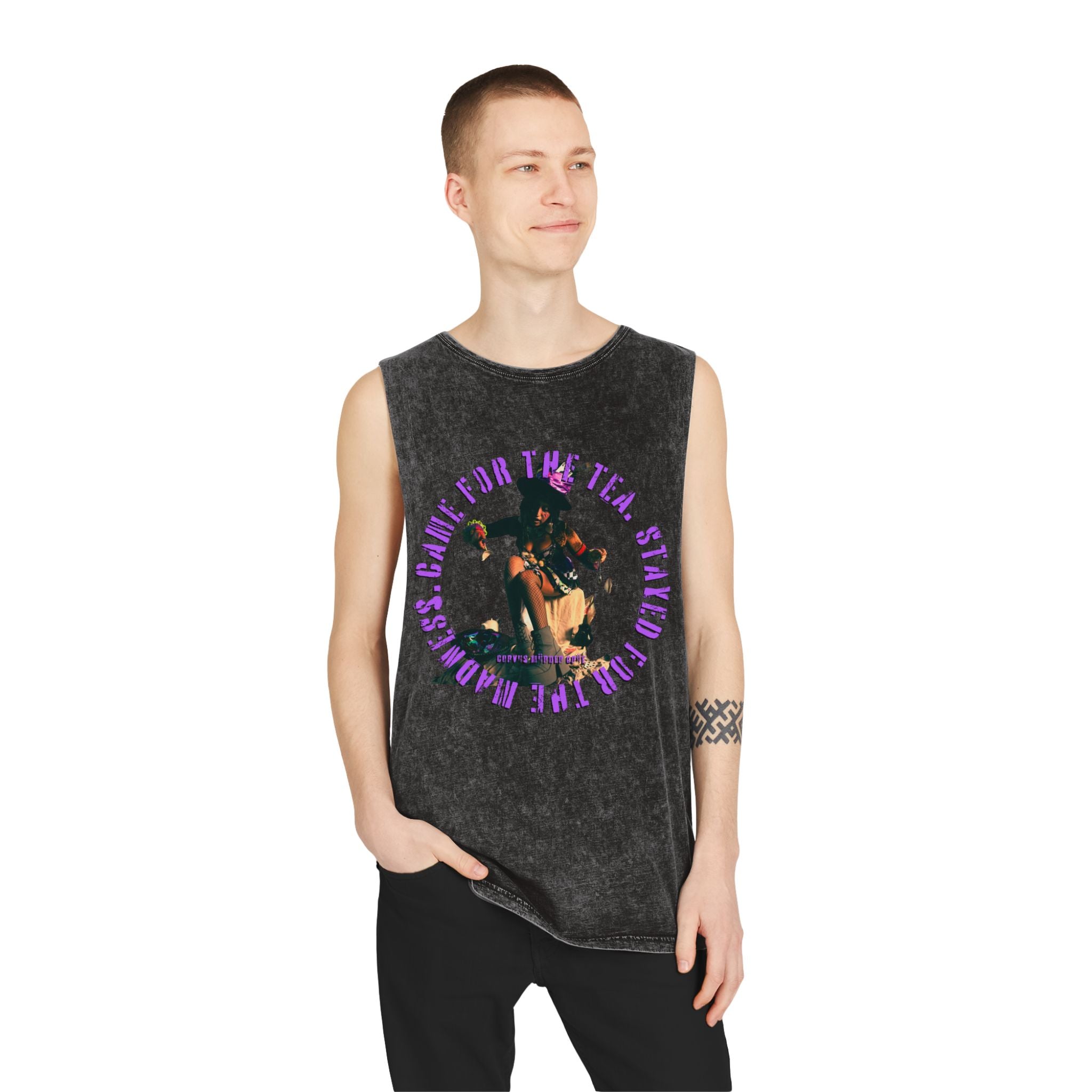 Came For The Tea by Nicholas Harvey-Stonewash Graphic Tank Top, Relaxed Summer Casual, Perfect for Music Festivals, Graphic Apparel for Men and Women, Streetwear