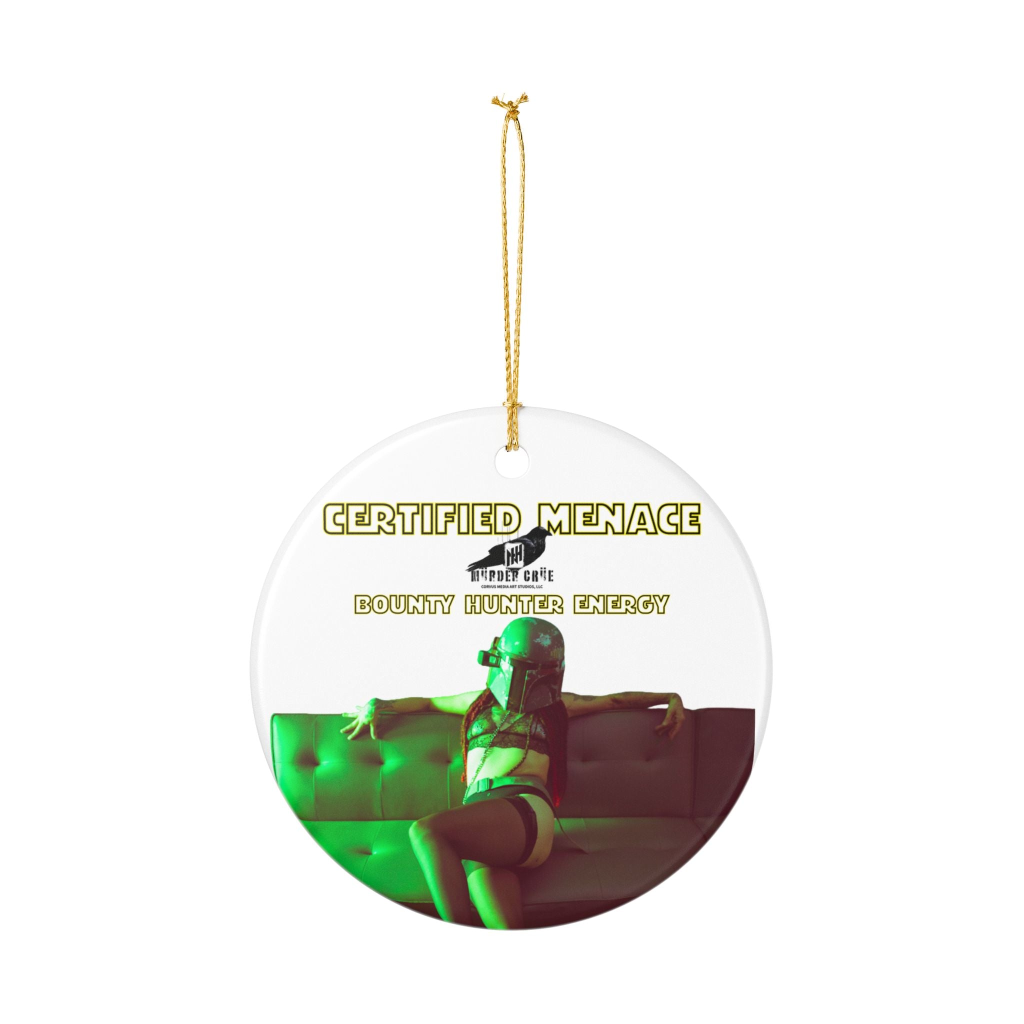 Ceramic Ornament — "Certified Menace: Bounty Hunter Energy" Retro Helmet Pin-Up