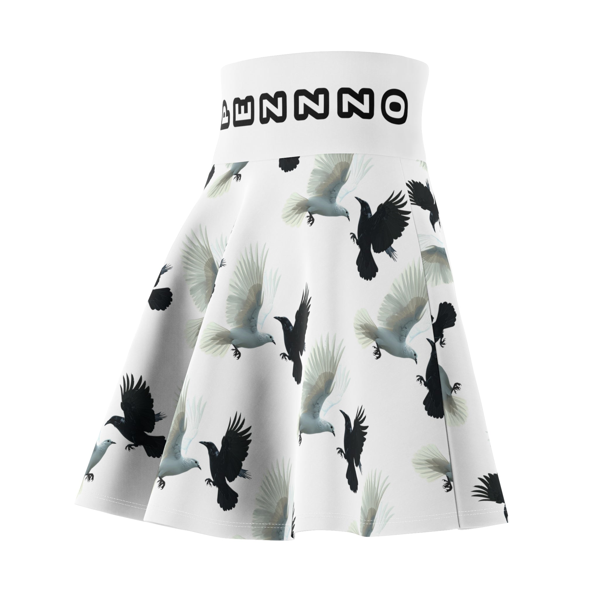 Birds in Flight Skater Skirt PEZZZOGANG — White Dove & Crow All-Over Print