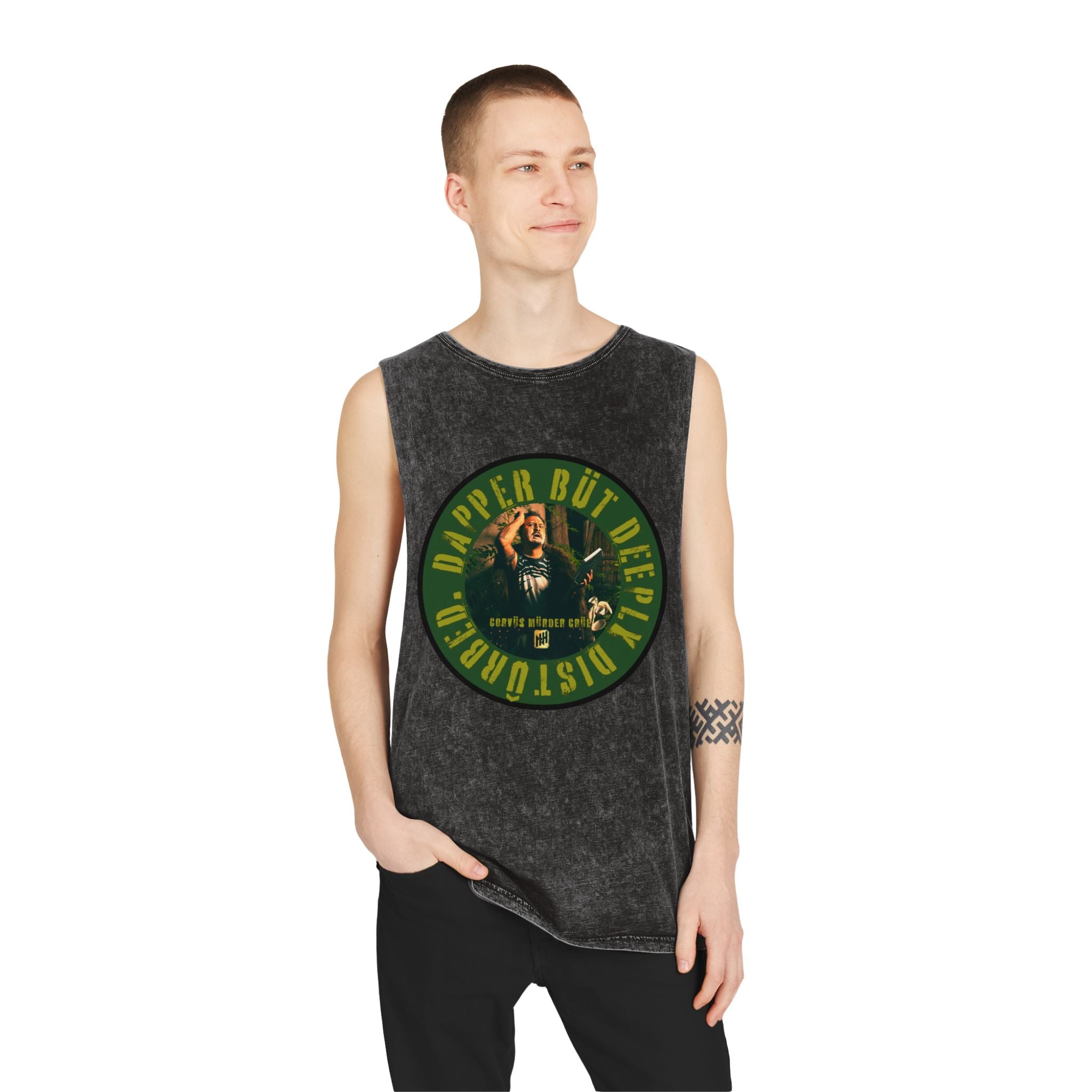 Dapper but Deeply Disturbed by Nicholas Harvey- Co-Stonewash Graphic Tank Top, Relaxed Summer Casual, Perfect for Music Festivals, Graphic Apparel for Men and Women, Streetwear