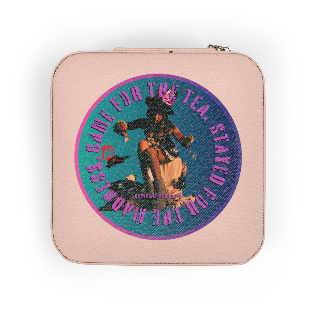 Mad Hattress Compact Jewelry Travel Case — Pink Portable Ring & Earring Organizer (Includes 'Stand For The Tea' Graphic)