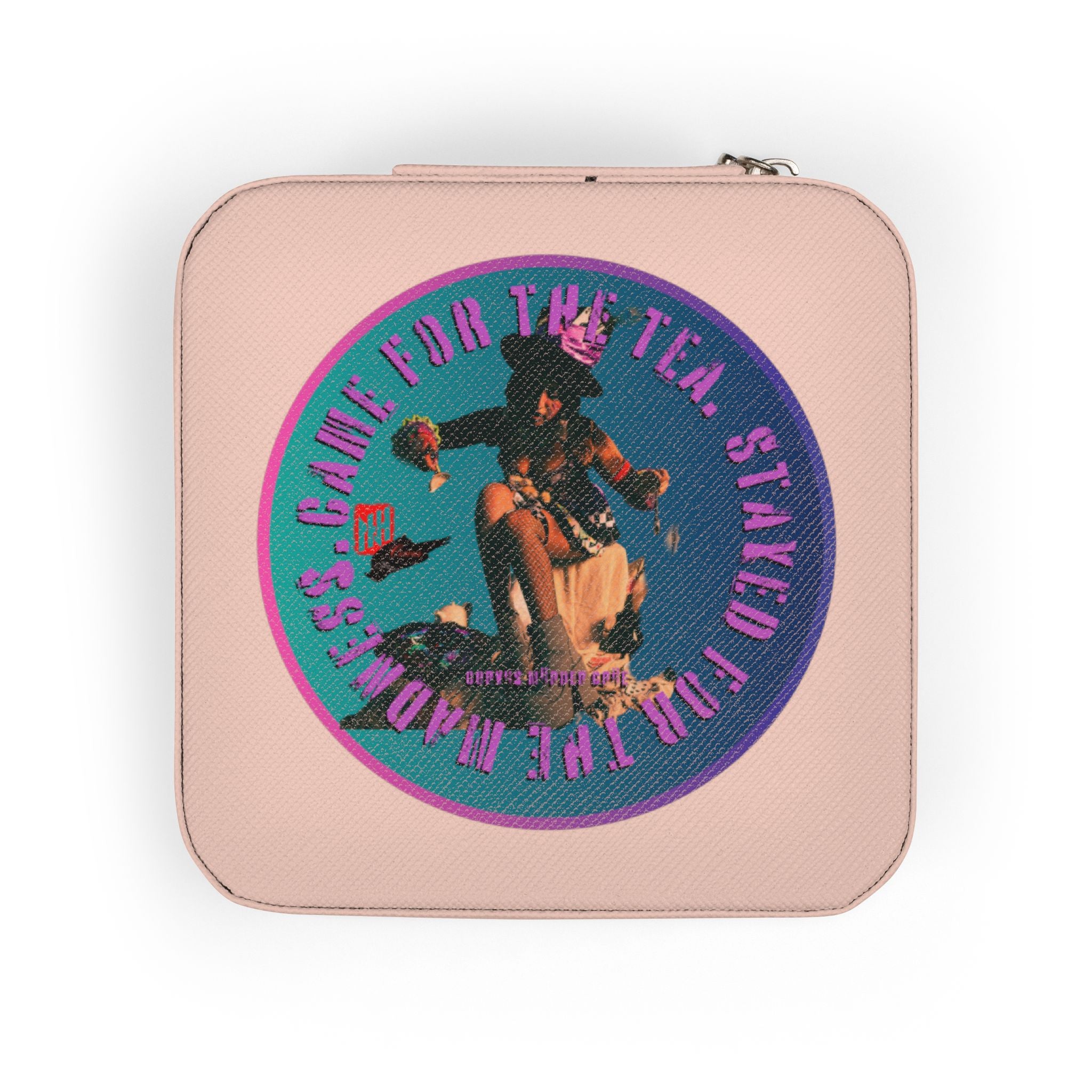Mad Hattress Compact Jewelry Travel Case — Pink Portable Ring & Earring Organizer (Includes 'Stand For The Tea' Graphic)