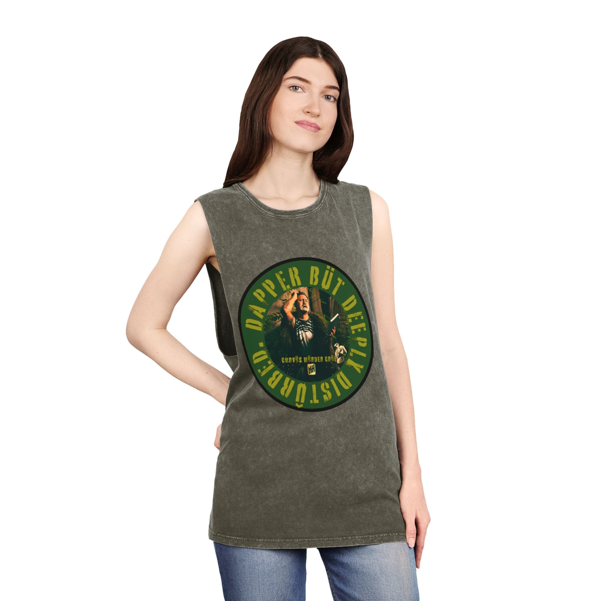 Dapper but Deeply Disturbed by Nicholas Harvey- Co-Stonewash Graphic Tank Top, Relaxed Summer Casual, Perfect for Music Festivals, Graphic Apparel for Men and Women, Streetwear