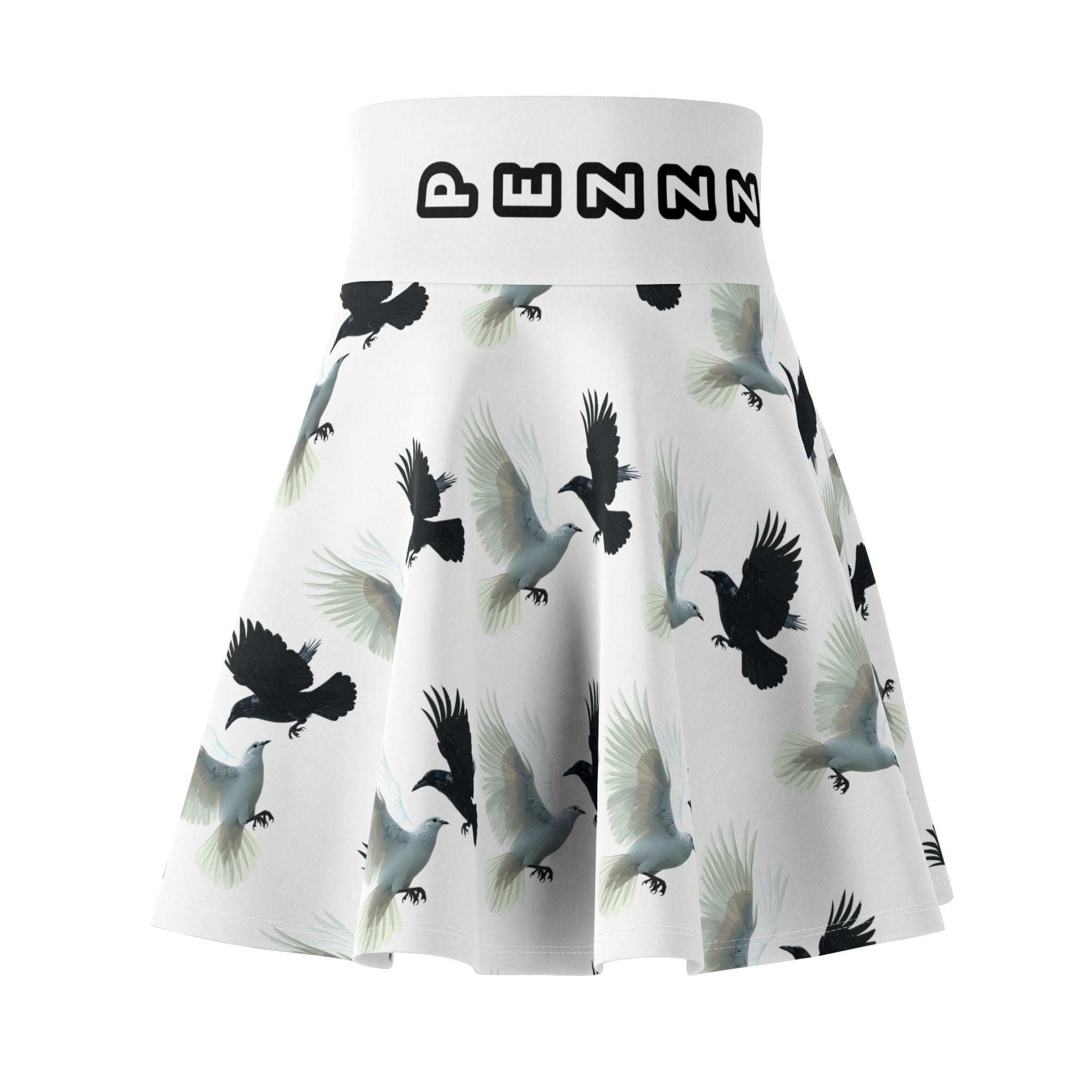 Birds in Flight Skater Skirt PEZZZOGANG — White Dove & Crow All-Over Print